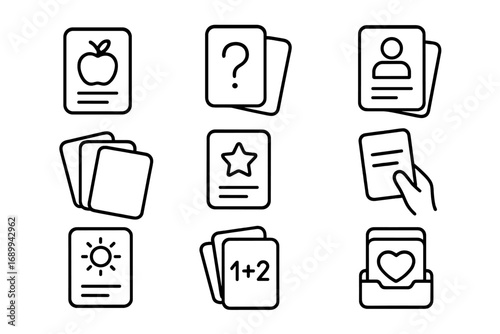 Flash card vector line icon set. Educational learning game thin outline signs. Study, quiz, memory, knowledge cards for mobile app, web design, UI UX graphic element bundle.
