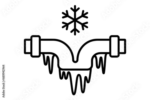 Frozen pipe icon concept. Winter plumbing problem with icicles and snowflake. Cold temperature, frost, and ice damage to water pipes. Burst pipeline emergency repair vector.