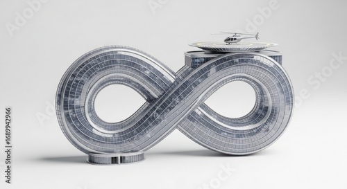 Infinity building design with helipad for luxury real estate and modern architecture concept and helicopter view