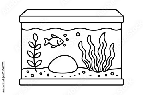 Aquarium line icon. Fish tank vector illustration. Simple cartoon graphic of a fish in water with seaweed. Pet shop concept. Underwater life symbol for apps and web design.