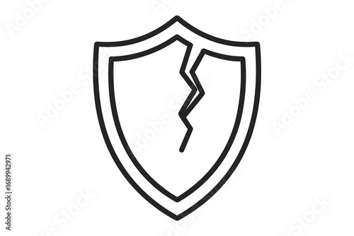 Cracked shield line icon. Concept of vulnerability, data breach, insecurity, and risk. Broken protection and safety symbol. Unsafe, defenseless, danger. Vector illustration.