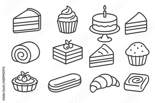 Cakes and pastries outline icon set. Vector line art collection. Sweet food, dessert, bakery symbols for menu. Editable stroke. Cupcake, croissant, muffin, eclair, tart.