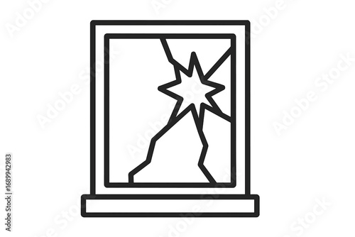 Broken window outline icon. Shattered glass symbol. Vandalism, crime, or accident concept. Damaged property vector illustration. Destruction and chaos line art graphic design.