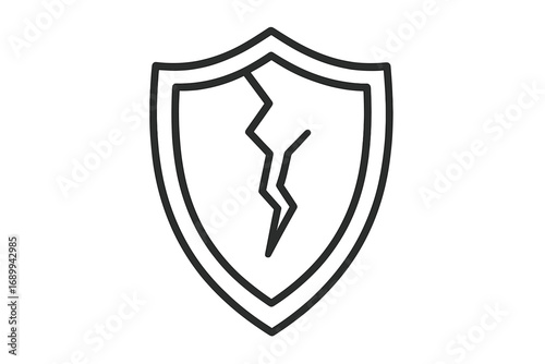 Cracked shield line icon. Concept of vulnerability, risk, and insecurity. Broken defense symbol for cybersecurity breach, data protection failure, or system error vector.