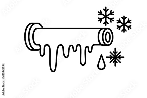 Frozen pipe with icicles and snowflakes outline icon. Winter plumbing problem concept. Cold weather water leak, burst pipe, or freezing damage vector line art for repair service.