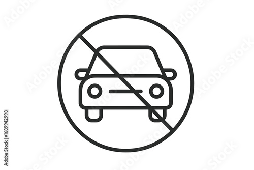 No cars allowed sign. Vector line icon for no entry or car free zone. Minimalist traffic warning symbol. Prohibited automobile or no parking pictogram for web design.