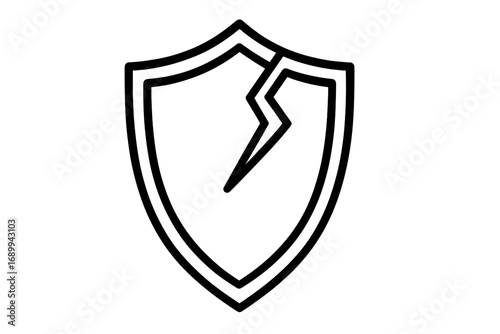 Cracked shield icon. Broken protection symbol. Security risk, vulnerability, and data breach concept. Unsafe, insecure defense. Vector line art for cyber attack and danger.