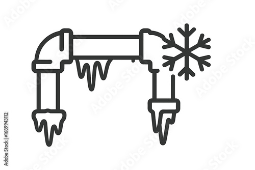 Frozen pipe vector outline icon. Plumbing problem symbol. Winter heating system damage concept illustration. Cold temperature, ice and icicles on pipeline. Home repair sign.