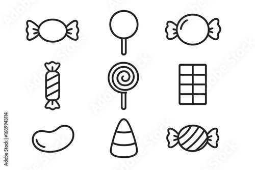 Candy outline icon set. Sweets line art collection. Includes lollipop, chocolate bar, bonbon, candy corn, jelly bean. Minimalist vector illustration with editable stroke.