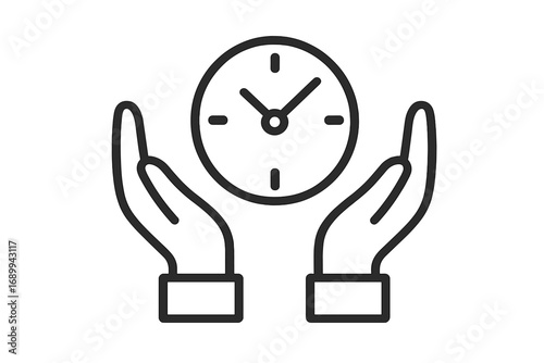 Time management concept with hands holding a clock. Outline icon for efficiency, deadline, and planning. Vector illustration for business productivity, scheduling, and project work.