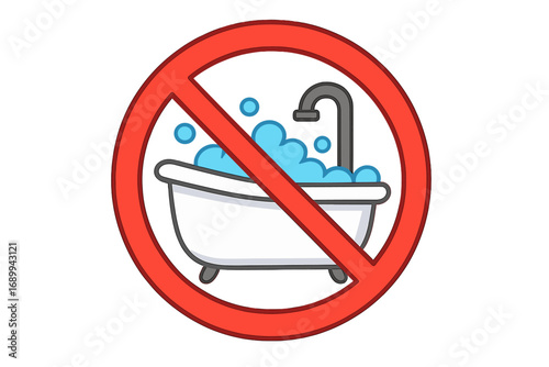 No bathing sign vector icon. Do not use bathtub. Water saving concept. Bath forbidden symbol. Prohibited soapy bath with foam bubbles. Stop washing warning. Cartoon illustration.