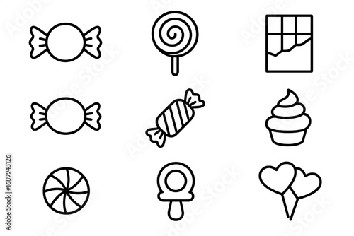 Candy and sweets icon set. Collection of simple outline symbols. Confectionery line art. Minimalist vector icons for lollipop, chocolate bar, dessert, cupcake and bonbon.