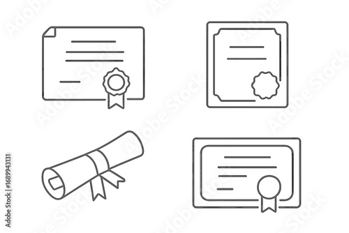 Set of diploma, certificate, and award outline icons. Thin line vector illustration of graduation, achievement, recognition documents. Minimalist design for web, apps, banners, infographics, business.