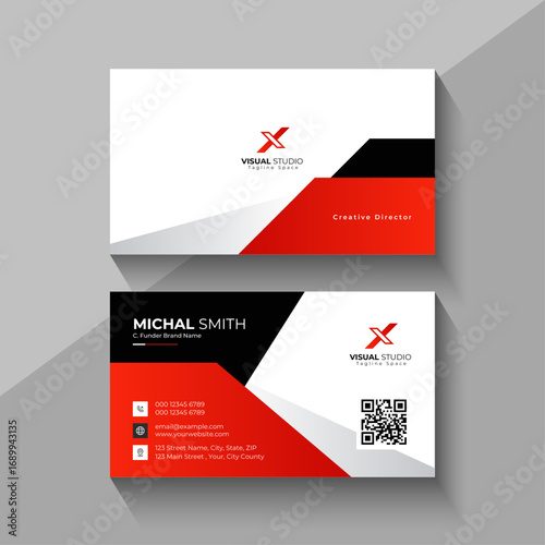 Modern business card design with red and black accents and qr code