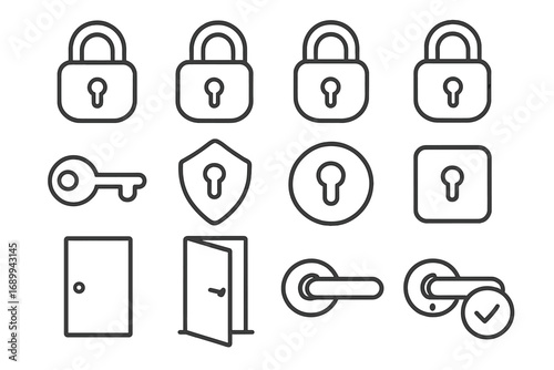Security and Access Line Icons Set. Padlock, Key, Door, Handle, Lock and Shield Outline Symbol Collection. Vector Icon Pack for Web, App, Security UI, Safe Access, Privacy, Login, Protection Concepts
