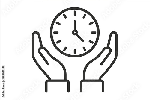 Hands holding clock icon. Time management concept. Save time, deadline, schedule, productivity metaphor. Vector outline illustration for business, web design, apps, and ads.
