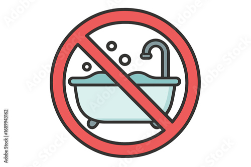 No bathing sign. Bathtub prohibited icon. Do not use bath symbol. Water conservation concept. Bathroom rules and regulations. Safety warning vector illustration for public places.