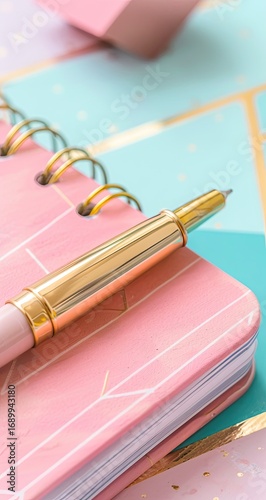 Close-up of a pastel pink spiral-bound notebook with a gold-toned pen resting on its cover.  Soft, muted colors and geometric patterns are visible in the background