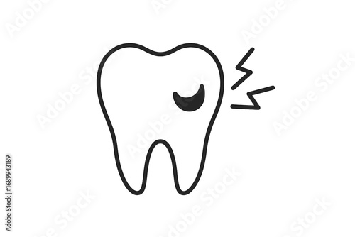 Toothache icon, sick tooth with caries. Concept of dental disease, pain, and decay. Unhealthy molar with cavity. Sensitive tooth vector illustration. Oral care problem.