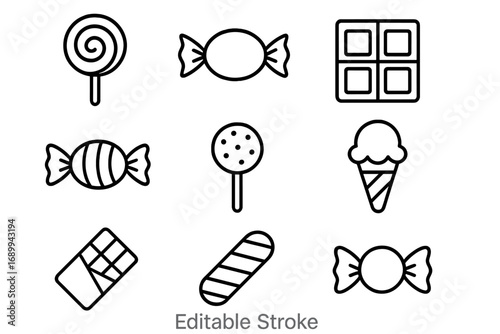 Sweet food dessert line icons set. Candy, lollipop, chocolate bar, ice cream symbol collection. Simple minimal outline vector illustration. Editable stroke for web and graphic design.