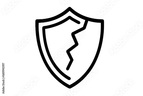 Broken shield line icon. Cracked defense symbol. Metaphor for vulnerability, risk, and security failure. Unsafe, unprotected concept. Data breach, cyber attack vector illustration.