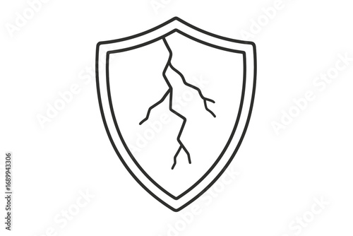Broken shield linear icon. Vulnerability and data breach concept. Failed protection, weak defense metaphor. Cybersecurity risk and danger symbol. Unsafe, insecure vector sign.