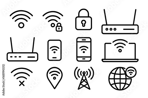 WiFi icon set. Internet router wireless connection. Line network sign. Signal symbol. Mobile data transfer technology. Global communication. Vector outline pictogram collection.