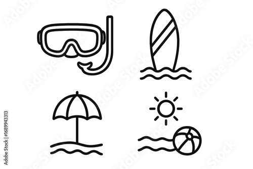 Beach vacation leisure outline icons set. Snorkeling mask, surfboard, umbrella, sun, ball, summer activity symbols. Coastal tourism, seaside relaxation and adventure vector signs for web, apps, print.