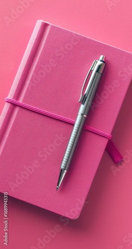 Pink notebook with silver pen, close-up.  A vibrant pink notebook rests on a pink surface, with a silver pen placed on top. A pink elastic band secures the notebook
