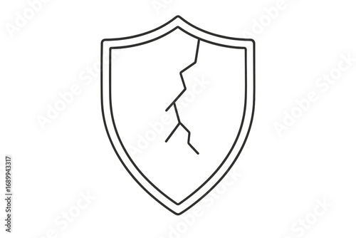 Cracked shield linear icon. Broken security symbol. Concept of vulnerability, risk, data breach, unprotected system, danger, and failed defense. Vector outline illustration.
