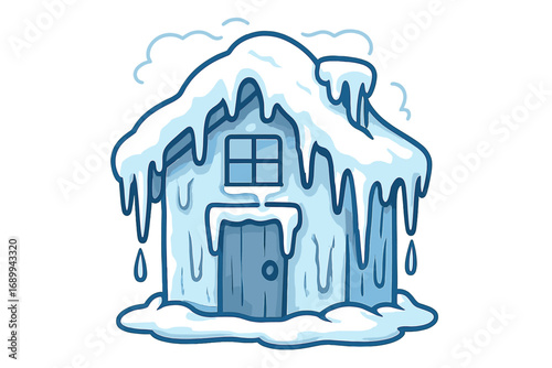 Frozen house icon vector cartoon illustration. Winter snow, ice, and icicles covering a home. Concept for cold temperature, weather, blizzard, energy crisis, and heating problems.
