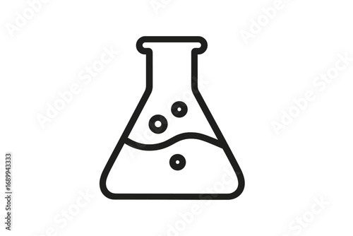Laboratory flask with liquid and bubbles. Science, chemistry, and research concept. Chemical experiment or analysis in a beaker. Education or medical lab icon. Vector outline.