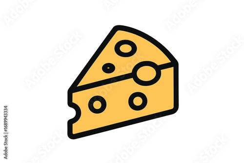 Cheese slice vector icon. Yellow swiss cheese with holes. Dairy food product symbol. Minimal flat cartoon graphic design element for logo, app, web, menu. Isolated illustration.