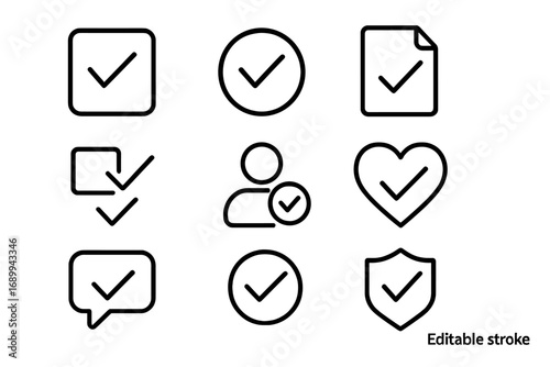 Check mark outline icon set. Approved, confirmed, and validated symbols. Quality control, security check, and user verification. Tick in checkbox, circle, shield, and heart.