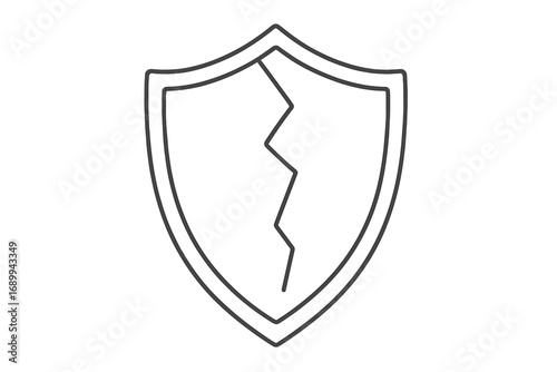 Cracked shield linear icon. Broken protection symbol. Security breach, vulnerability concept. Unsafe, insecure, damaged defense. Data risk, cyber attack, danger sign. Vector.