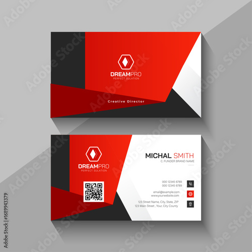 Modern red and black business card design with qr code and hexagonal logo
