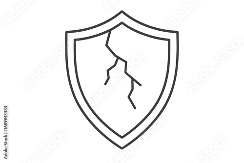Cracked shield linear icon. Metaphor for vulnerability, risk, and insecurity. Unprotected, weak defense concept. Broken security, cyber attack, data breach symbol. Vector.