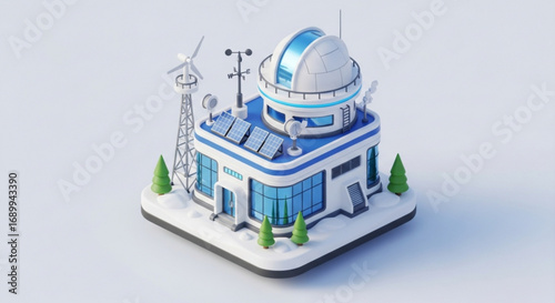 3d rendering of a modern weather station with solar panels and wind turbine for sustainable energy research