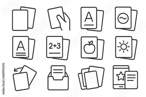 Flash card outline icons set. Vector cartoon illustration of study aids, educational game symbols, learning flashcards, memory cards, alphabet, math, vocabulary, objects, mobile app, website graphics