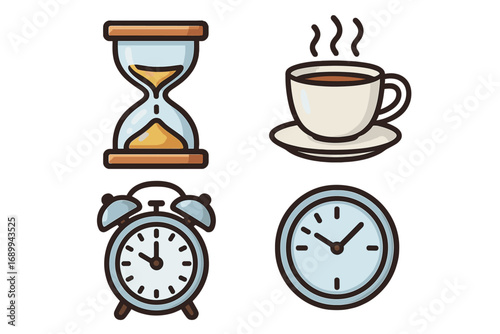 Time management icon set with clock, hourglass, alarm, and coffee break. Vector illustration for deadline, schedule, business productivity, morning routine, and office concepts.