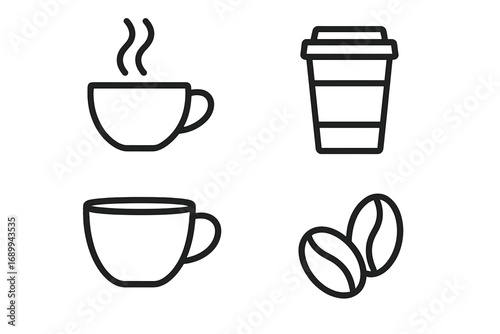 Coffee line icon set. Vector outline symbols of coffee cup, hot drink, to-go paper cup, and coffee beans. Editable stroke pictogram collection for cafe menu or web design.