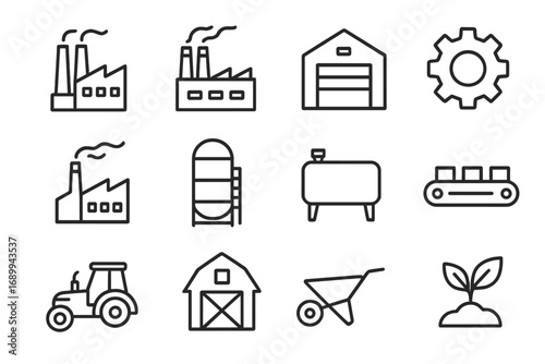 Industry and agriculture icon set. Outline vector icons of factory, tractor, barn, warehouse, conveyor belt, gear, silo for web and apps. Manufacturing and farming concept.