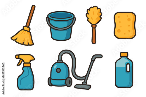 Cleaning tool icons set for housekeeping service. Vector cartoon illustration of broom, bucket, duster, sponge, spray, vacuum cleaner, and liquid for hygiene and cleanliness.
