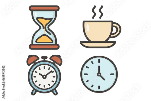 Time management icon set. Vector line icons of hourglass, coffee break, alarm clock and timer. Concept for schedule, deadline, morning routine, appointment and productivity.