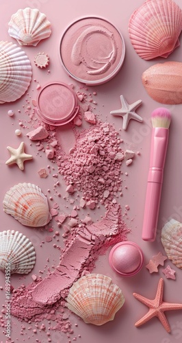 Pink cosmetic products and seashells on a pink background