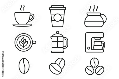 Coffee line icon set. Editable stroke vector illustration. Cafe beverage symbols collection. Cappuccino cup, espresso machine, french press, coffee beans and pot pictogram.