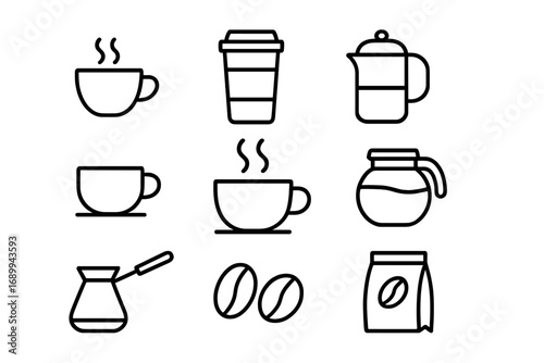Coffee icon set. Line art collection for cafe menu. Symbols for espresso, latte, cappuccino, americano. Vector outline pictogram of cup, pot, beans, cezve. Editable stroke.