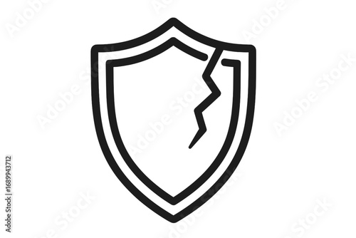 Cracked shield line icon. Concept of vulnerability, risk, security failure, and data breach. Broken protection symbol. Unsafe, damaged guard, weak defense. Vector pictogram.