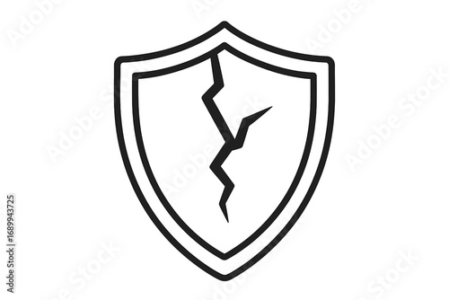 Cracked shield outline icon. Metaphor for vulnerability, broken security, data breach, risk, failure. Damaged defense symbol. Weakness, insecurity, cyber attack concept.