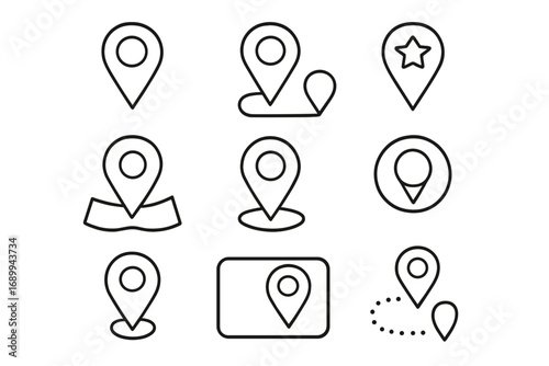 Location Map Pin Pointer Line Icons Set. GPS Marker Outline Symbol Collection. Navigation, Geolocation, Directions, Mobile App, Web Design, Travel Planner, Route Tracking, Interface Elements